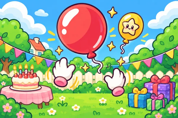 Dve ruke u belim rukavicama udaraju crveni balon iznad dvorišta sa tortom i poklonima.