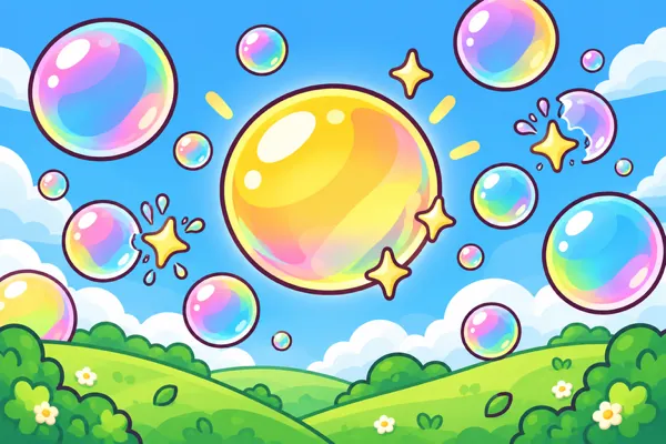 Dugini balončići od sapunice i veliki zlatni balon lebde iznad zelene livade.