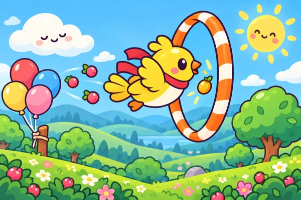 Žuta ptičica leti ka prugastom obruču iznad zelenih brda, okružena bobicama, a sunce se smeje.